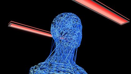 Vorschaubild eines aus blauen Fäden gestalteten Kopf über dem sich zwei rote Lampen