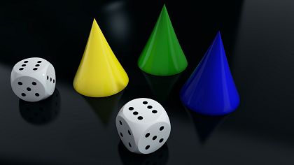 Vorschaubild von zwei Spielwürfel und drei farbigen Plastikhüttchen