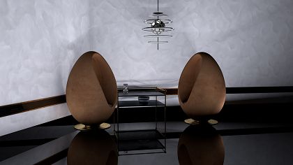 Vorschaubild eines Raumes mit zwei eiförmigen Sessel, Beistelltisch und futuristische Lampe